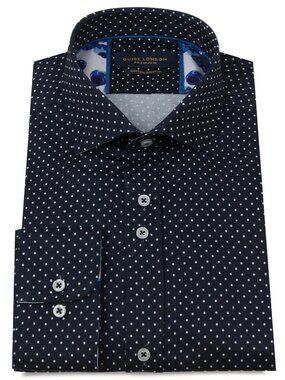 Guide London Navy Dot Print Long Sleeve Button Up Shirt/0507